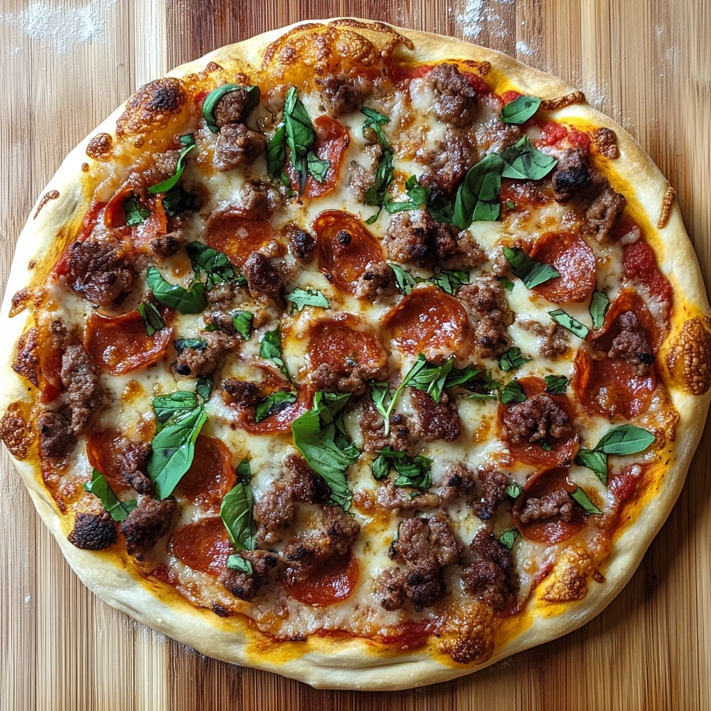 Crustless carnivore pizza topped with bacon, sausage, and melted cheese in a cast iron skillet.
