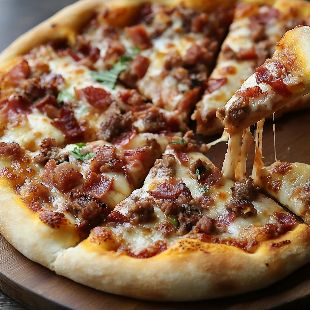 Crustless carnivore pizza topped with bacon, sausage, and melted cheese in a cast iron skillet.