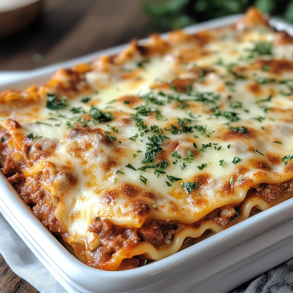 Classic homemade lasagna made with Ronzoni pasta, layered with rich meat sauce and melted cheese.