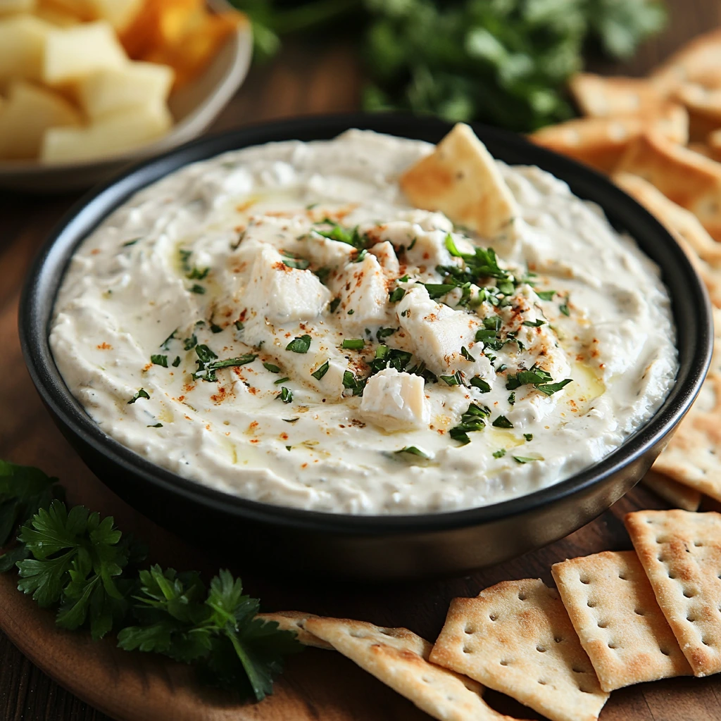 A creamy fish dip served in a bowl, garnished with herbs and surrounded by crackers and fresh vegetables.