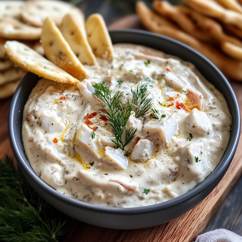 A creamy fish dip served in a bowl, garnished with herbs and surrounded by crackers and fresh vegetables.