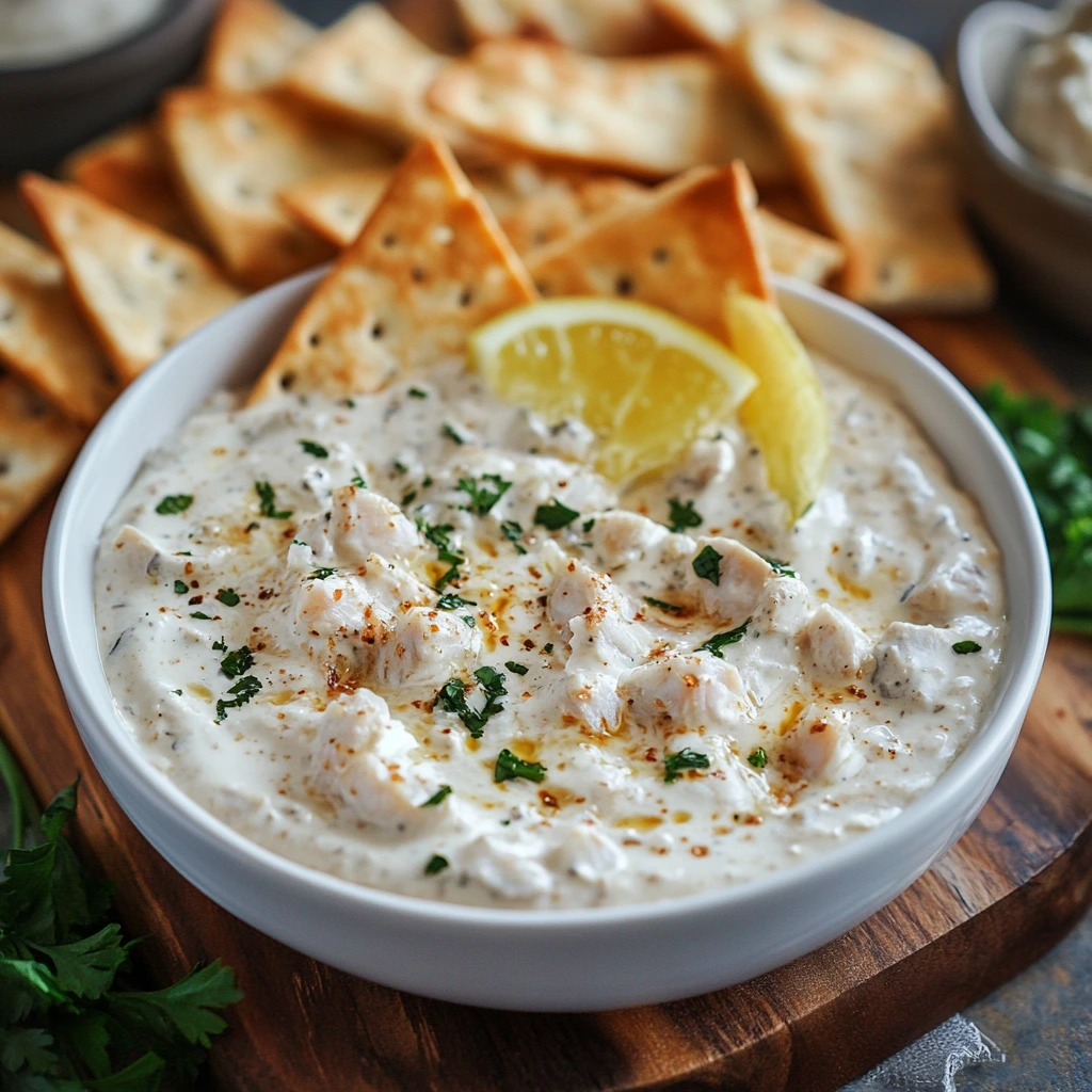 A creamy fish dip served in a bowl, garnished with herbs and surrounded by crackers and fresh vegetables.