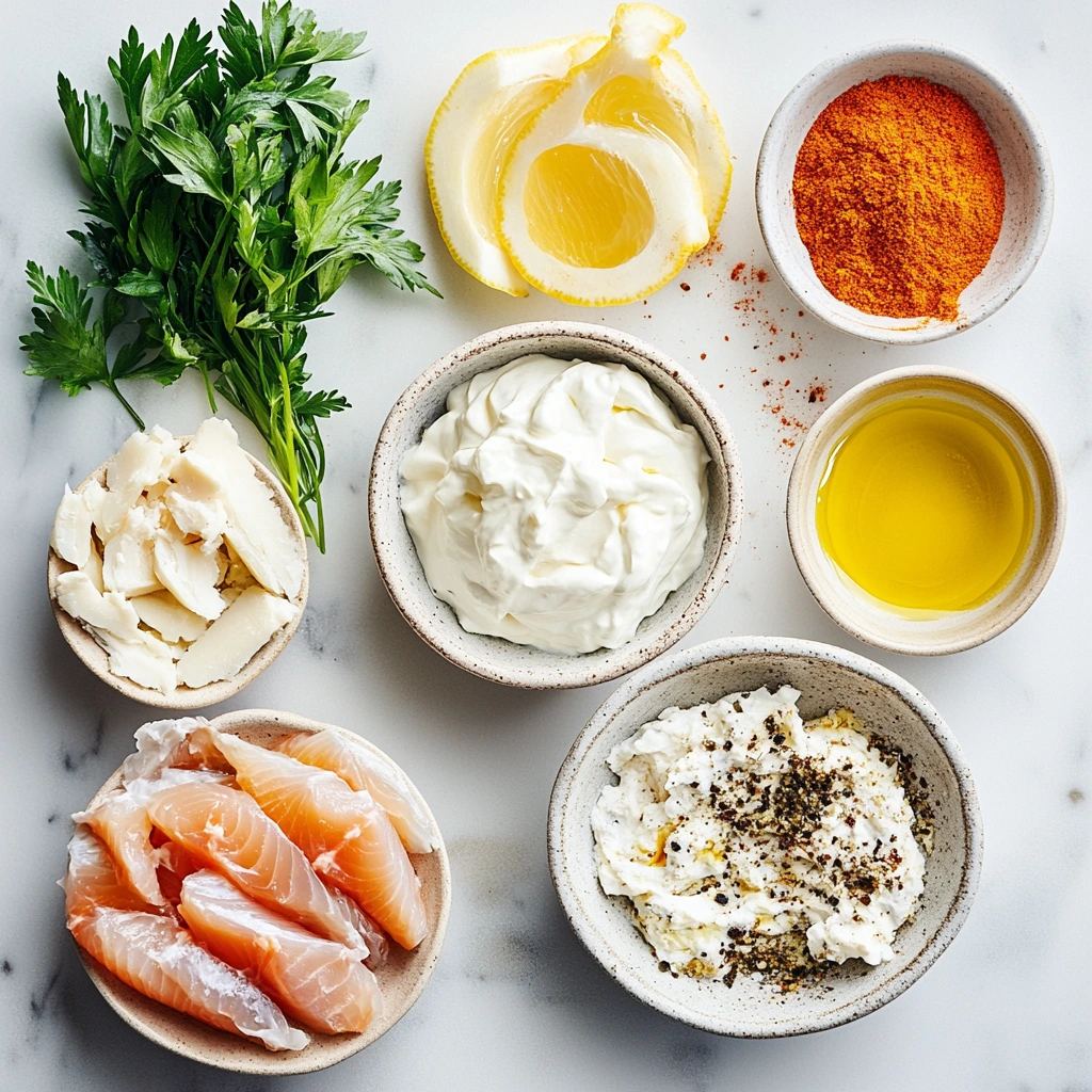 A creamy fish dip served in a bowl, garnished with herbs and surrounded by crackers and fresh vegetables.