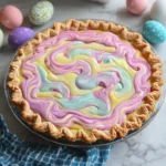 Colorful Easter Swirl Pie with vibrant pastel layers in a graham cracker crust