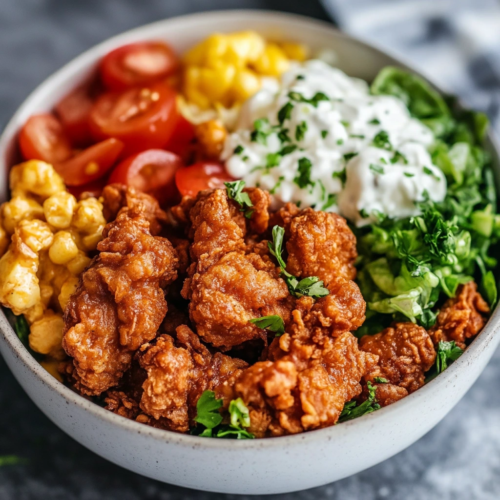 Easy homemade KFC Famous Bowl with mashed potatoes, crispy chicken, corn, gravy, and shredded cheese.
