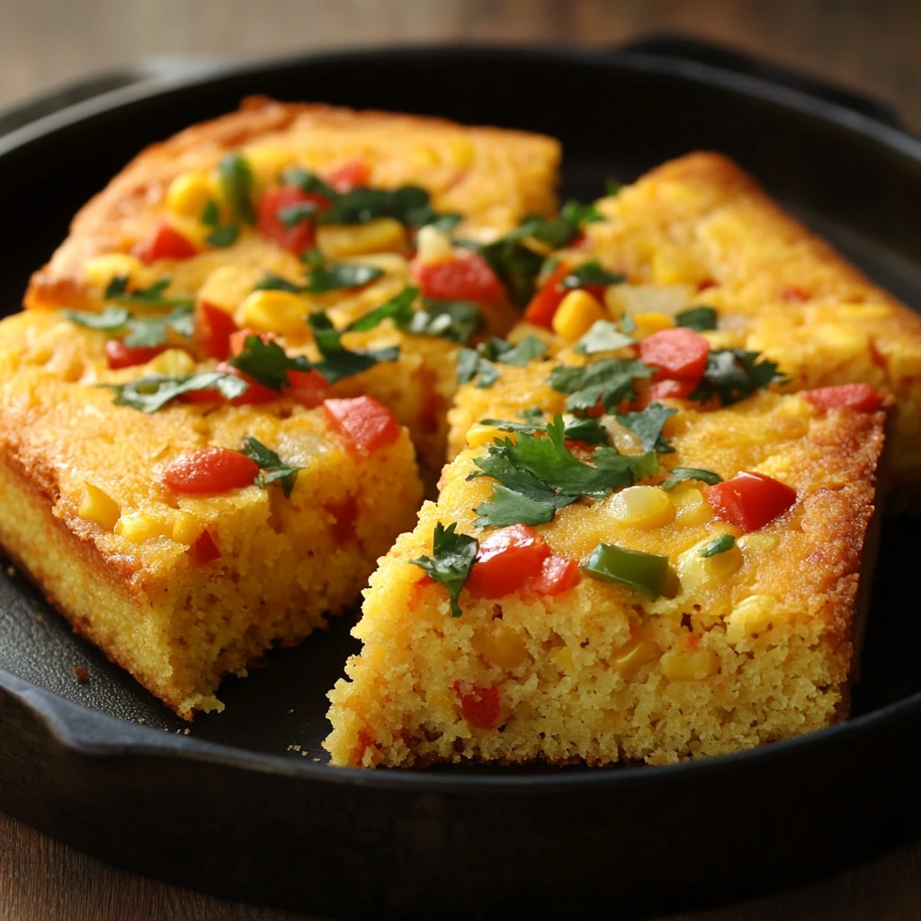 Slice of Jiffy Mexican cornbread with melted cheese and jalapeños on top