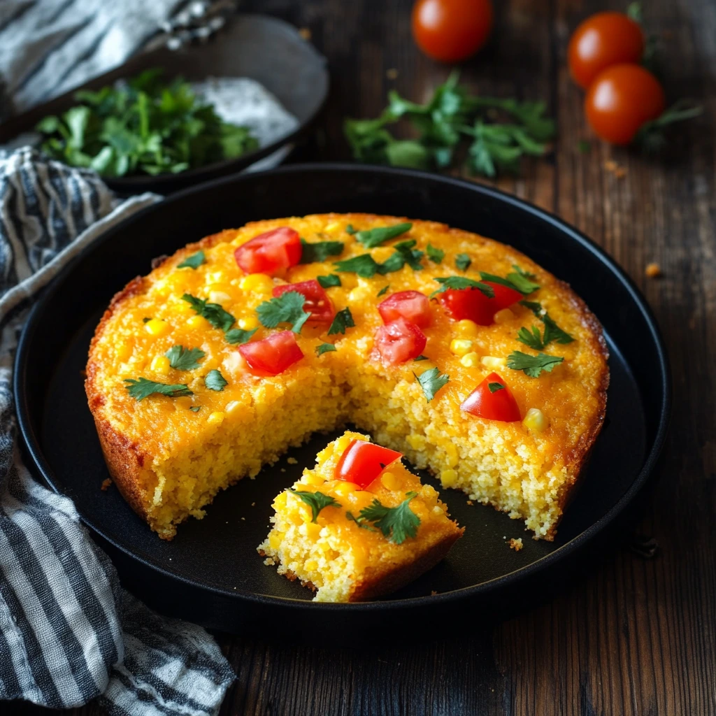 This image showcases a delicious slice of homemade Jiffy Mexican cornbread, made with a Jiffy mix base and packed with shredded cheese, chopped jalapeños, and optional creamed corn. Perfect as a side dish for chili, barbecue, or any Tex-Mex meal, this easy recipe brings comfort food with a spicy kick to your table.