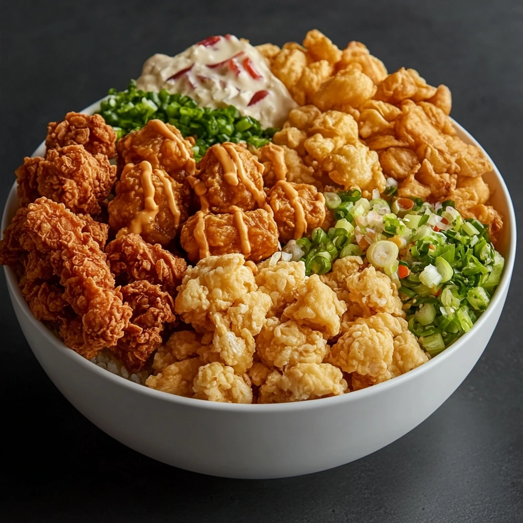 Easy homemade KFC Famous Bowl with mashed potatoes, crispy chicken, corn, gravy, and shredded cheese.