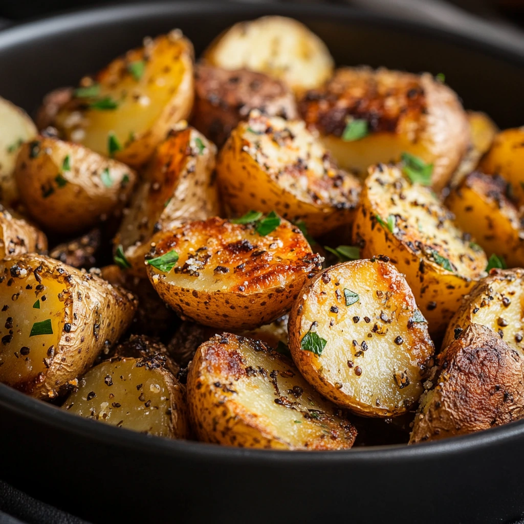 Roasted Little Potato Company potatoes with herbs and garlic on a baking sheet