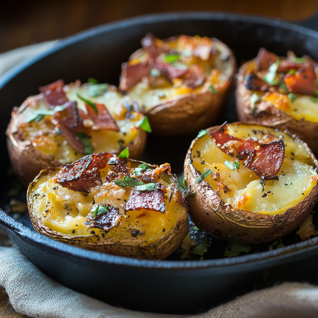 Roasted Little Potato Company potatoes with herbs and garlic on a baking sheet