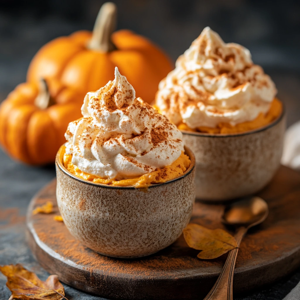 A bowl of creamy pumpkin fluff topped with whipped cream and cinnamon