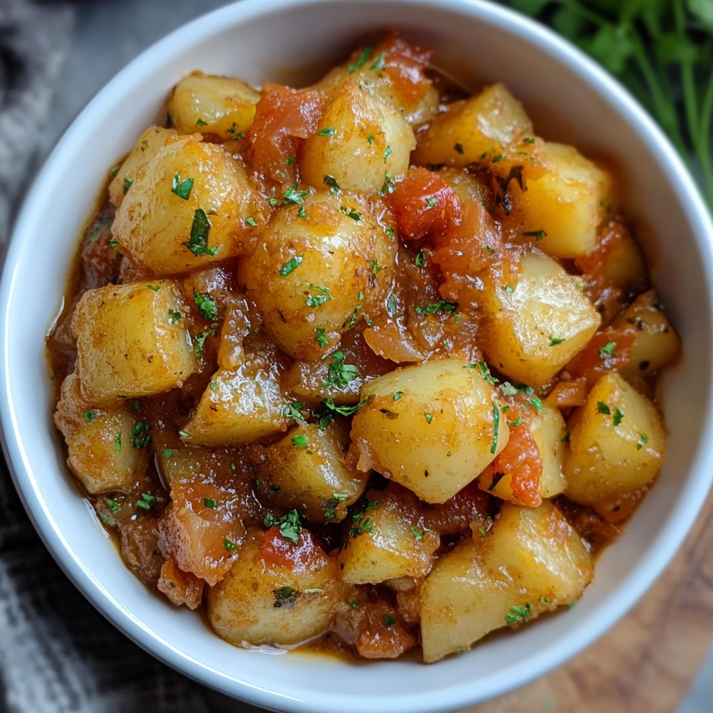 Hearty stewed potatoes simmered with garlic, herbs, and olive oil in a rustic ceramic bowl
