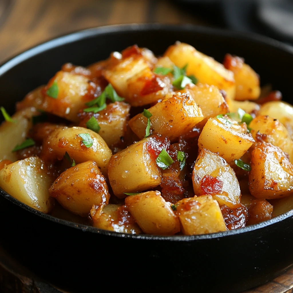 Hearty stewed potatoes simmered with garlic, herbs, and olive oil in a rustic ceramic bowl
