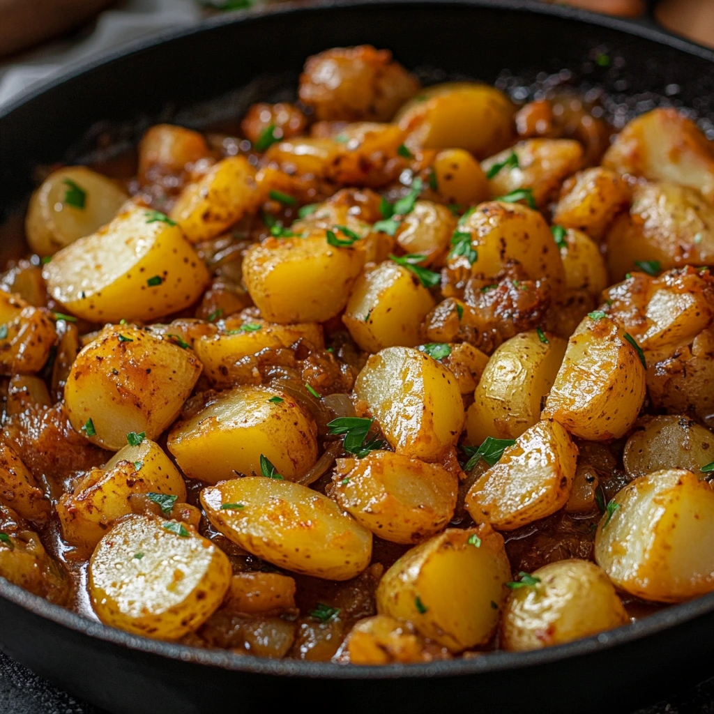 Hearty stewed potatoes simmered with garlic, herbs, and olive oil in a rustic ceramic bowl