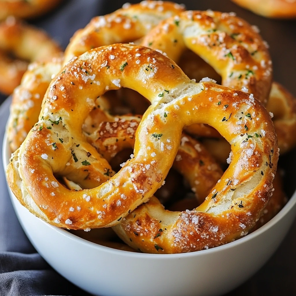 Golden brown crunchy ranch pretzels seasoned with herbs and spices in a serving bowl