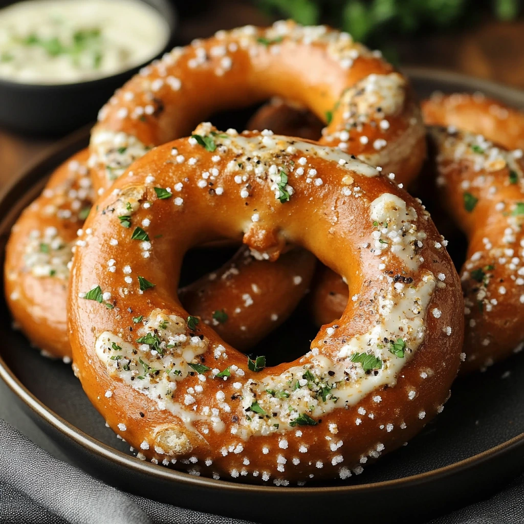 Golden brown crunchy ranch pretzels seasoned with herbs and spices in a serving bowl