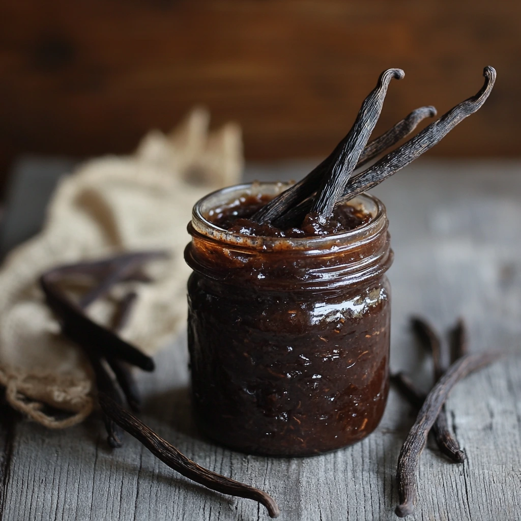 Homemade easy vanilla bean paste in a glass jar with fresh vanilla pods on the side