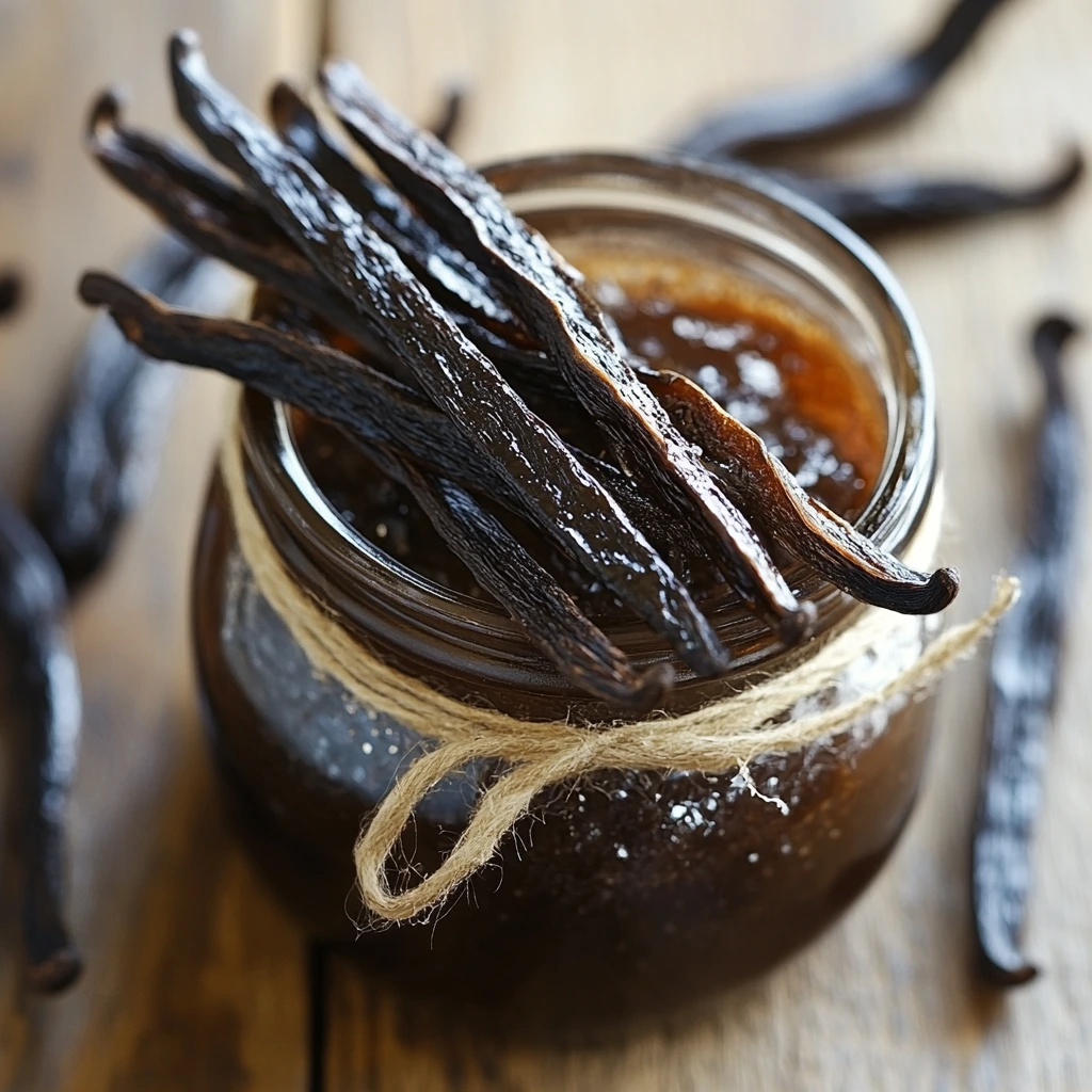 Homemade easy vanilla bean paste in a glass jar with fresh vanilla pods on the side