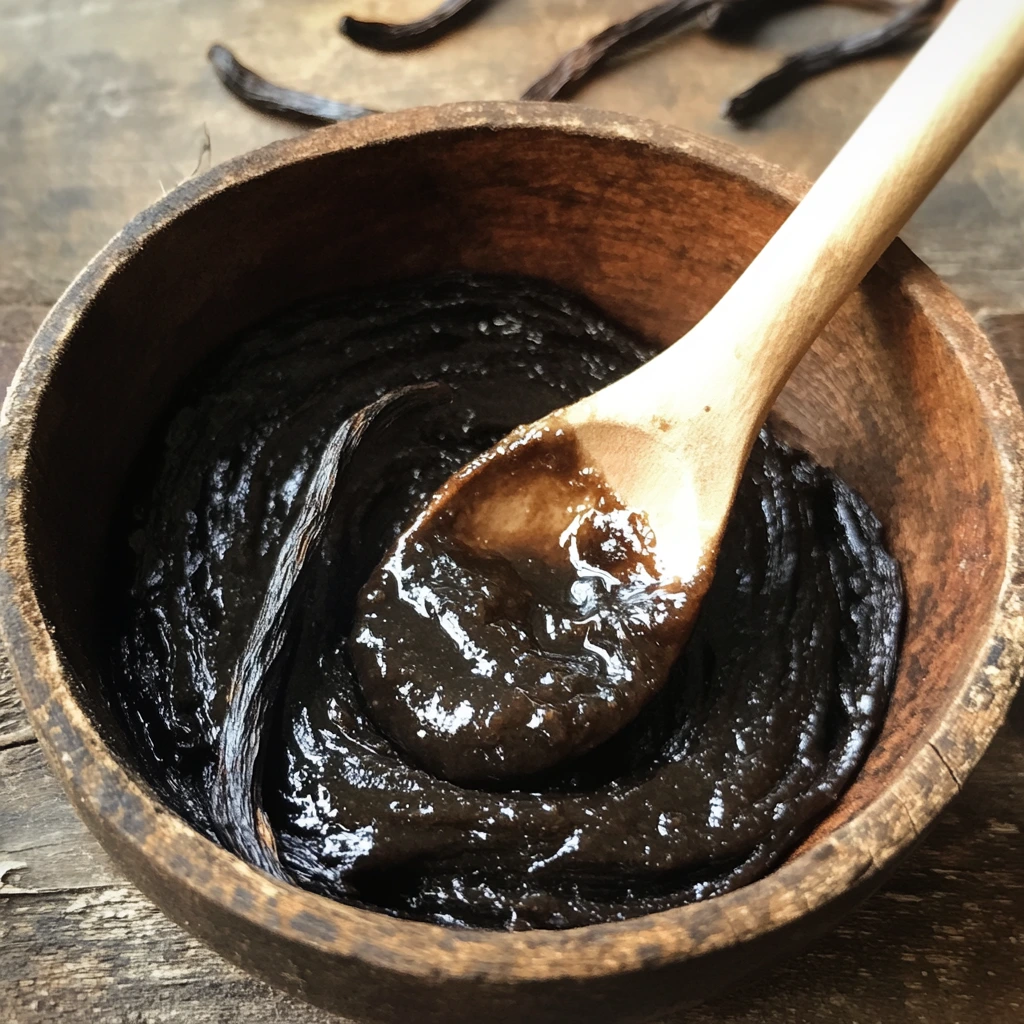 Homemade easy vanilla bean paste in a glass jar with fresh vanilla pods on the side