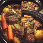 ender venison stew cooked in a crock pot with carrots, potatoes, and herbs