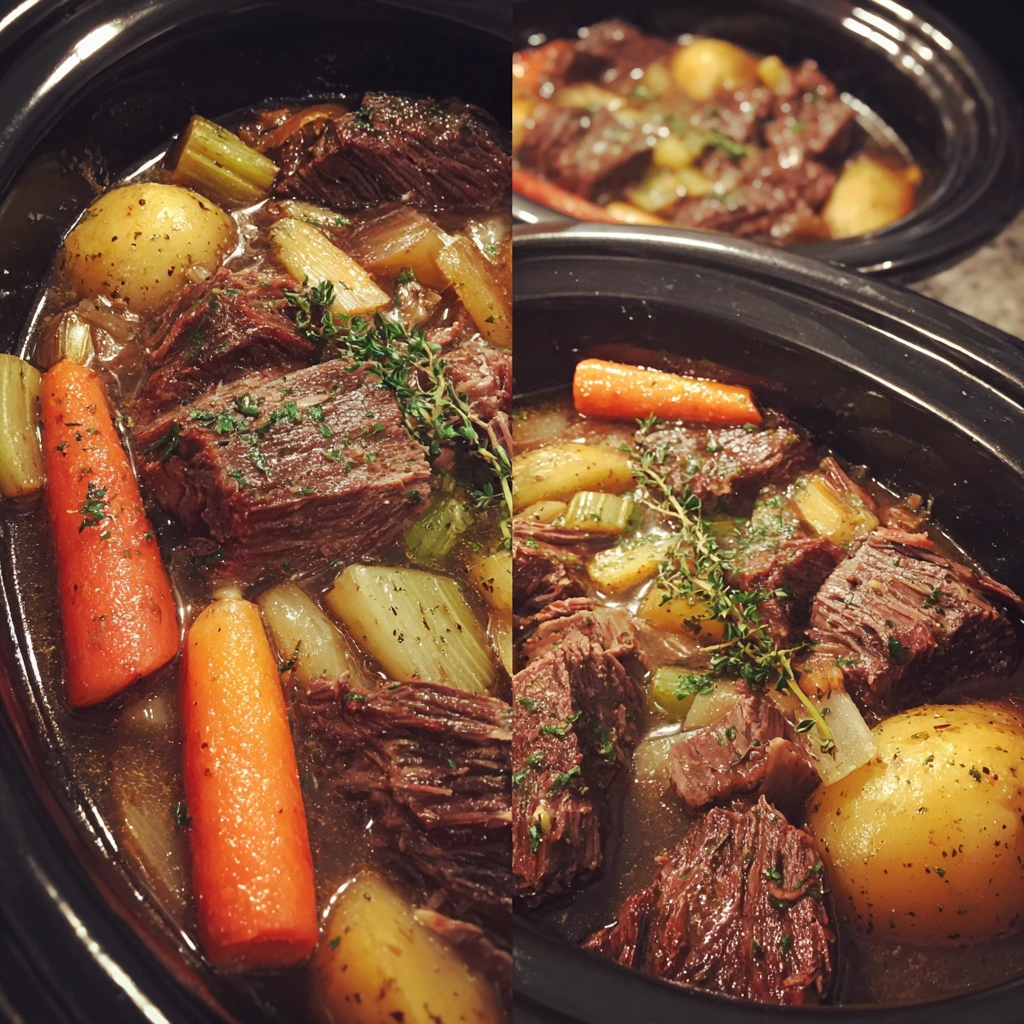 ender venison stew cooked in a crock pot with carrots, potatoes, and herbs