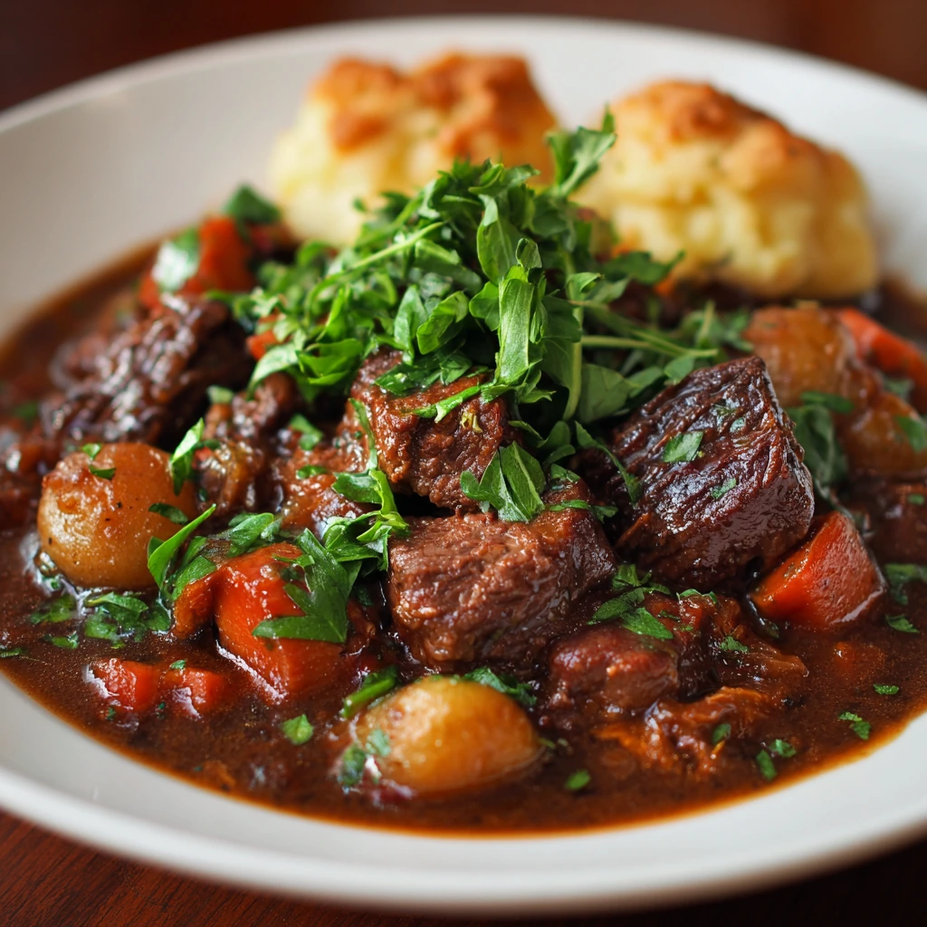 Tender venison stew cooked in a crock pot with carrots, potatoes, and herbs