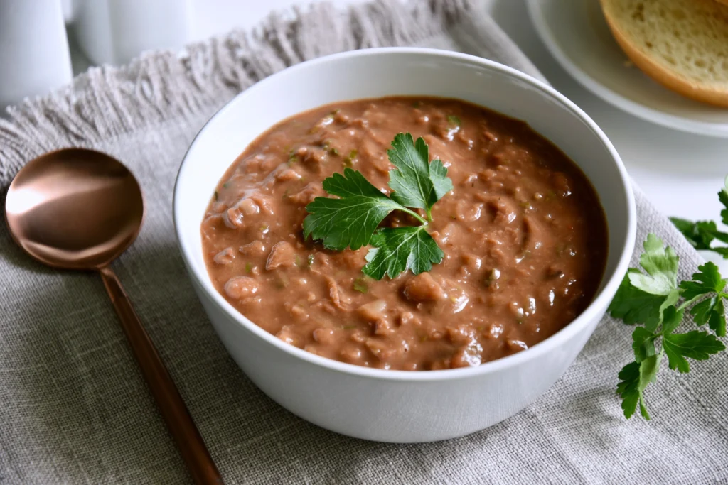Freshly cooked bush beans served in a bowl with colorful vegetables and herbs on a wooden table.
