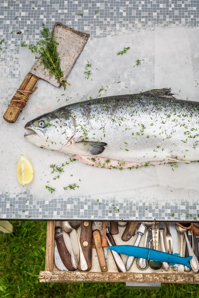 Oven-baked King salmon fillets with lemon, dill, and parsley on a white ceramic plate