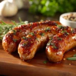Juicy Aidells chicken apple sausage sizzling in a skillet with fresh vegetables