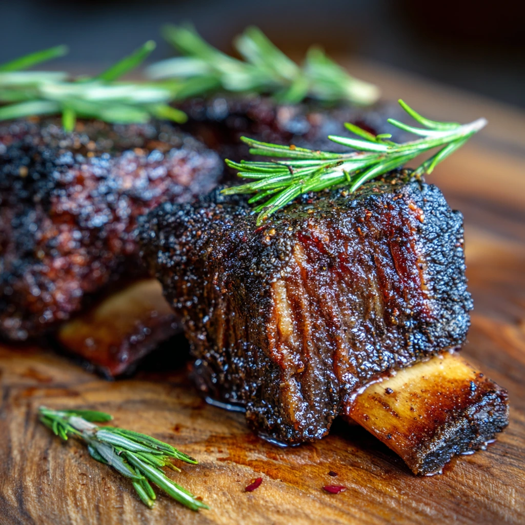 Smoked short ribs on a grill with a delicious caramelized crust.