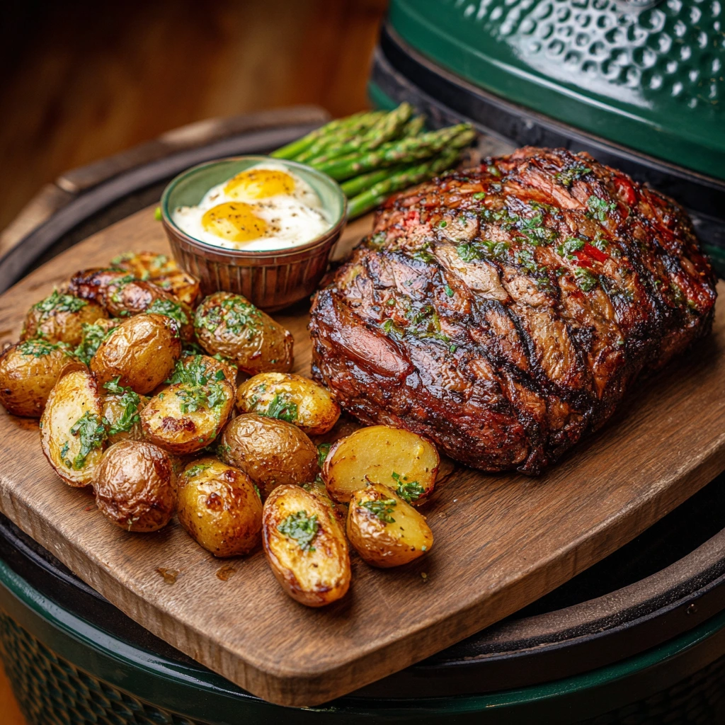 Juicy grilled meat on a Big Green Egg smoker with herbs and vegetables