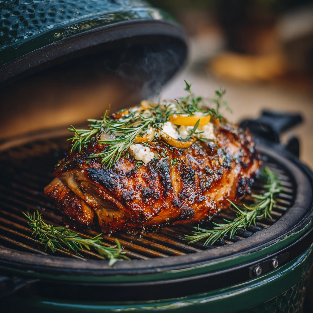 Juicy grilled meat on a Big Green Egg smoker with herbs and vegetables