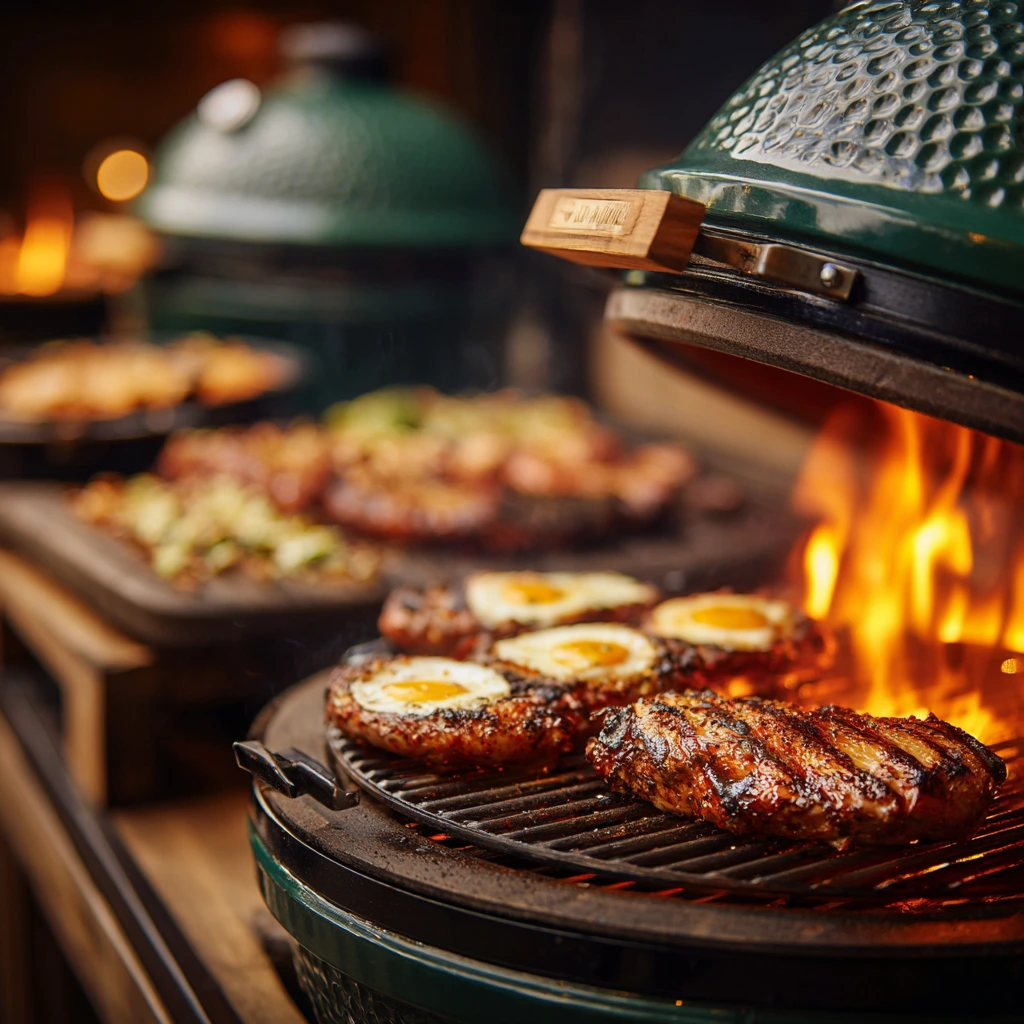 Juicy grilled meat on a Big Green Egg smoker with herbs and vegetables