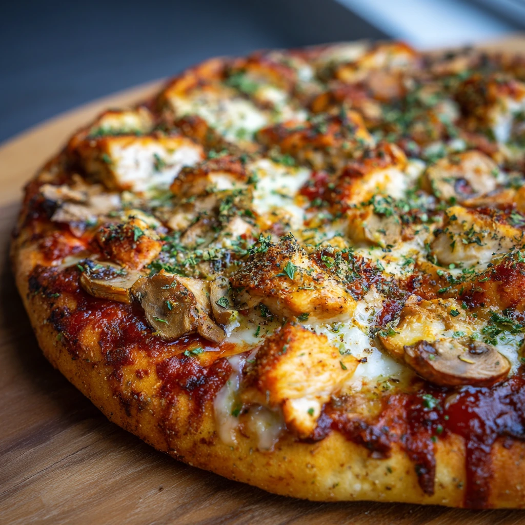 Low-carb chicken pizza crust with toppings of cheese and vegetables