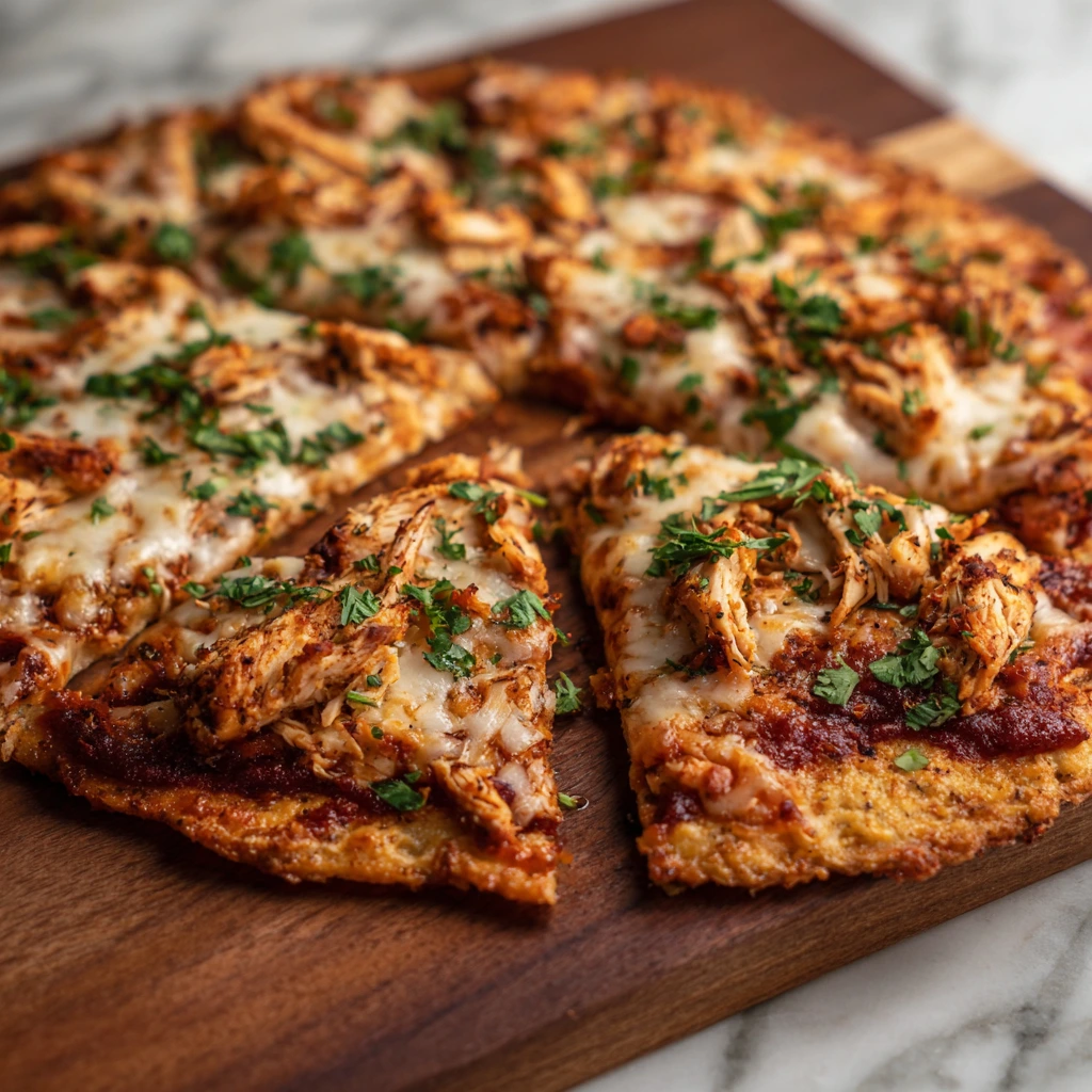 Low-carb chicken pizza crust with toppings of cheese and vegetables