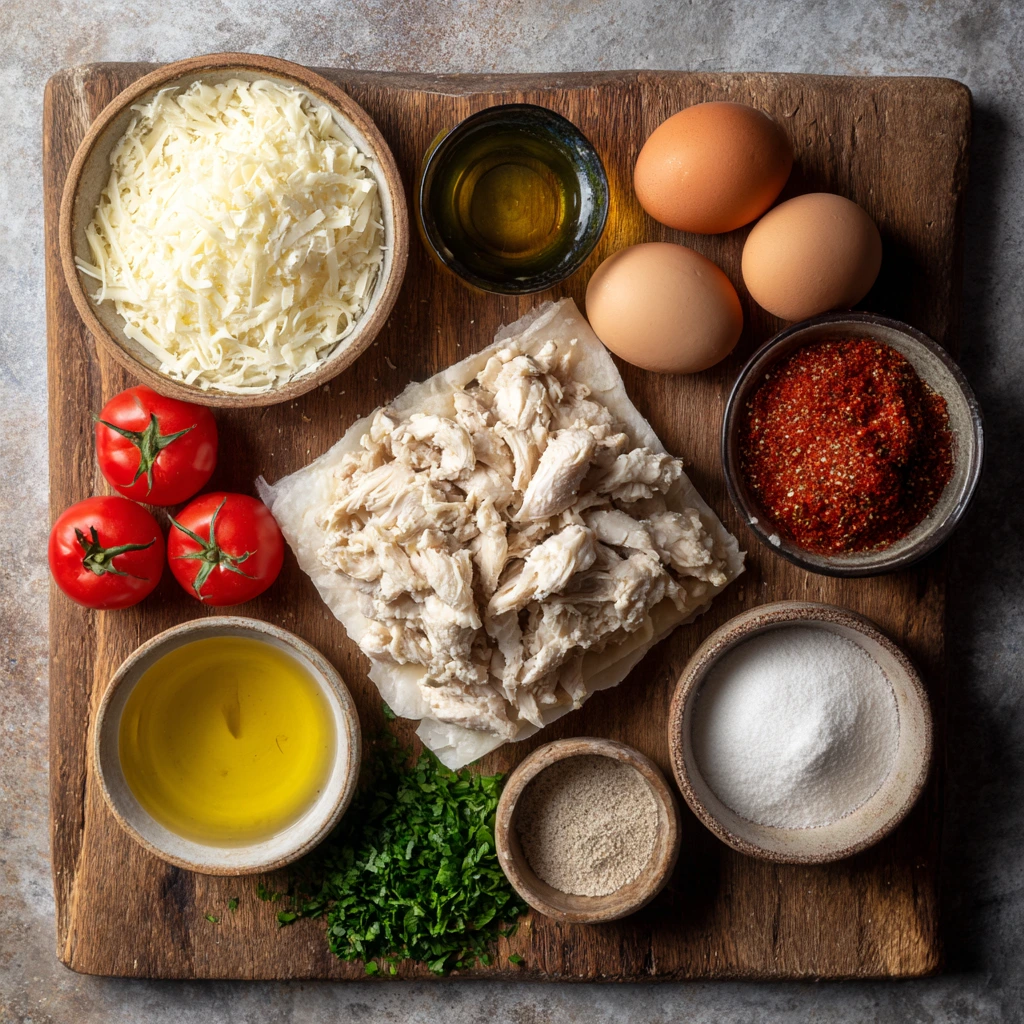 Low-carb chicken pizza crust with toppings of cheese and vegetables