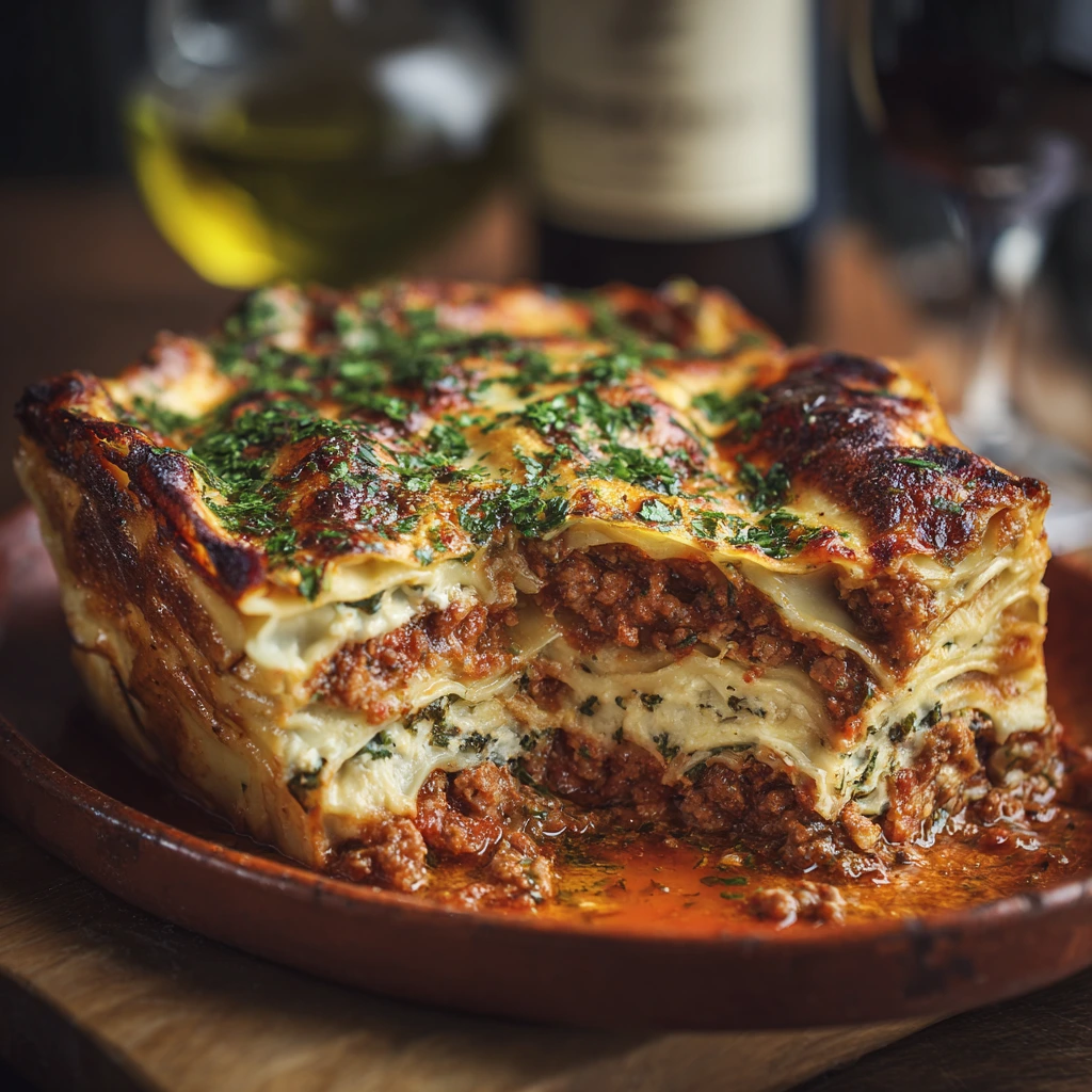 Freshly baked traditional San Giorgio lasagna made with no-boil pasta, layered with rich meat sauce and melted cheese.