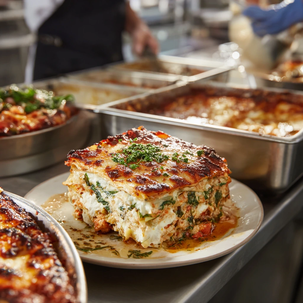 Freshly baked traditional San Giorgio lasagna made with no-boil pasta, layered with rich meat sauce and melted cheese.