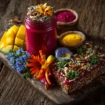 Colorful plate of raw vegan ingredients including fresh vegetables, fruits, nuts, and seeds.
