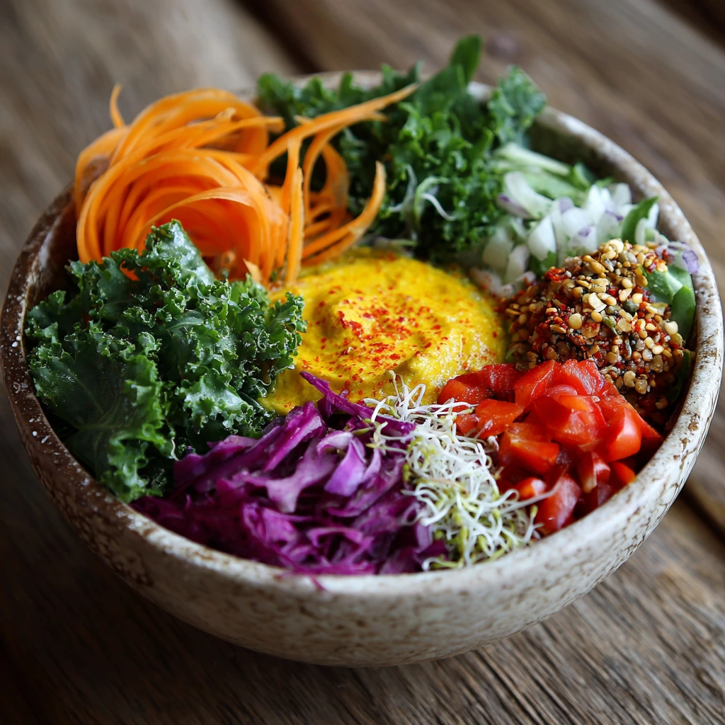 Colorful plate of raw vegan ingredients including fresh vegetables, fruits, nuts, and seeds
