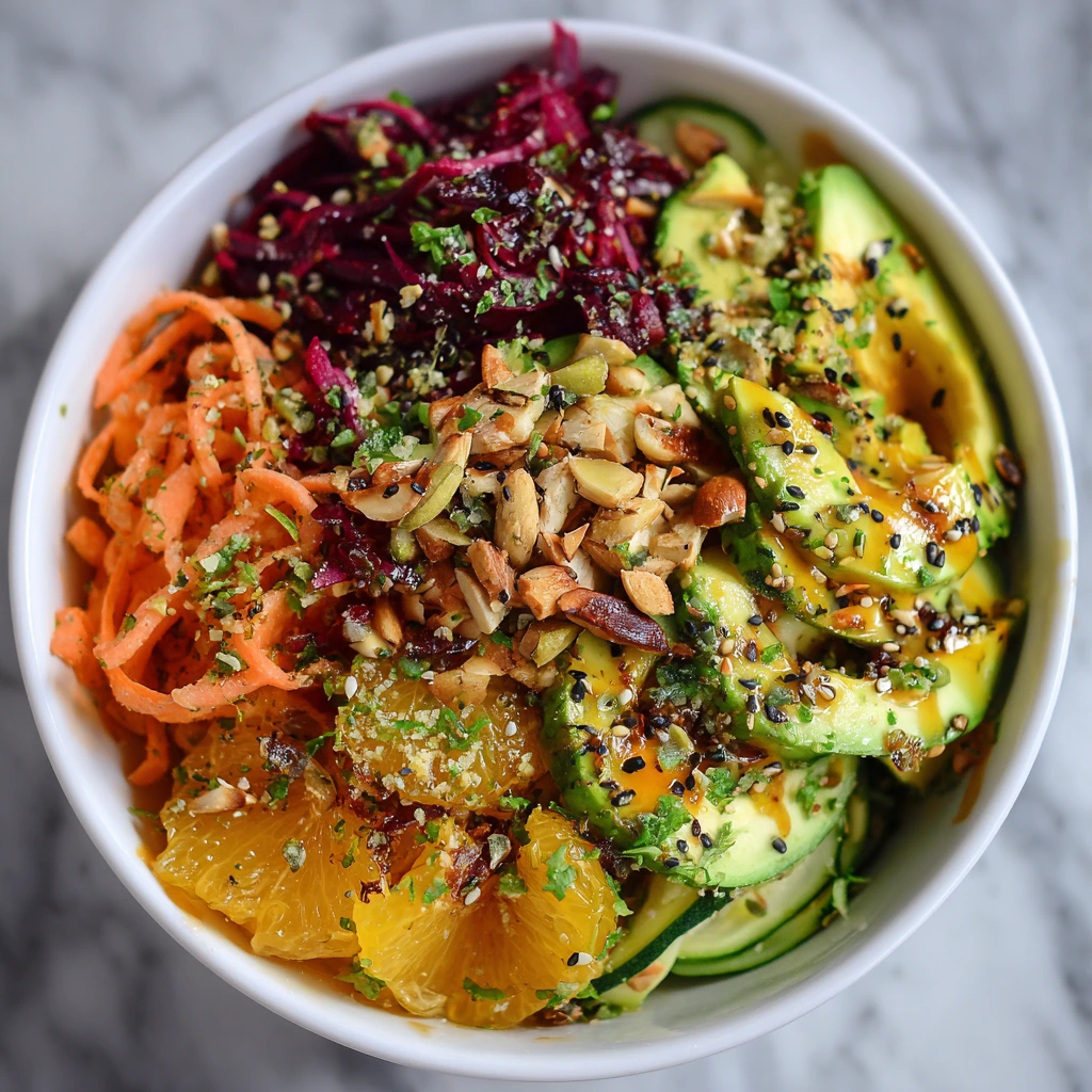 Colorful plate of raw vegan ingredients including fresh vegetables, fruits, nuts, and seeds