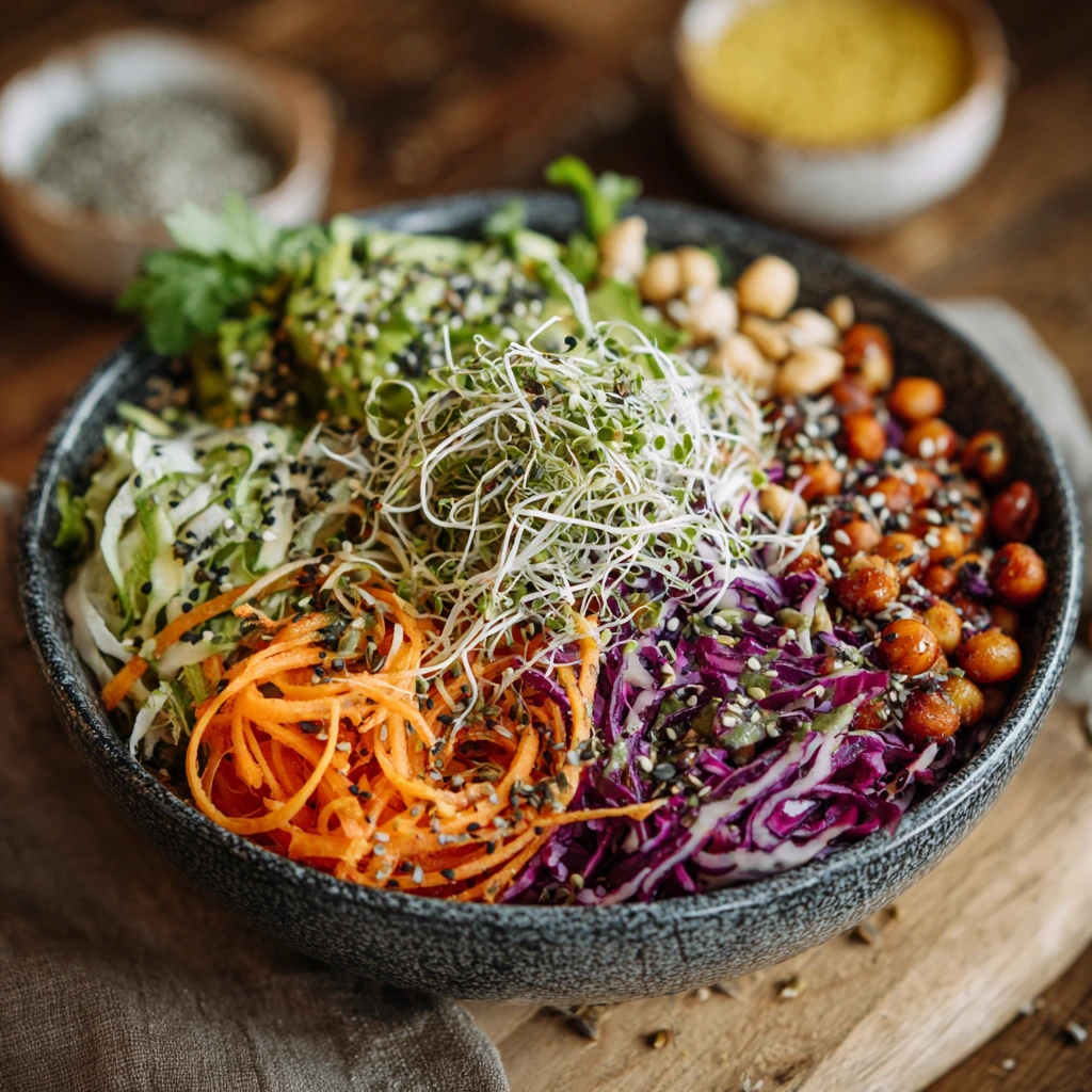 Colorful plate of raw vegan ingredients including fresh vegetables, fruits, nuts, and seeds