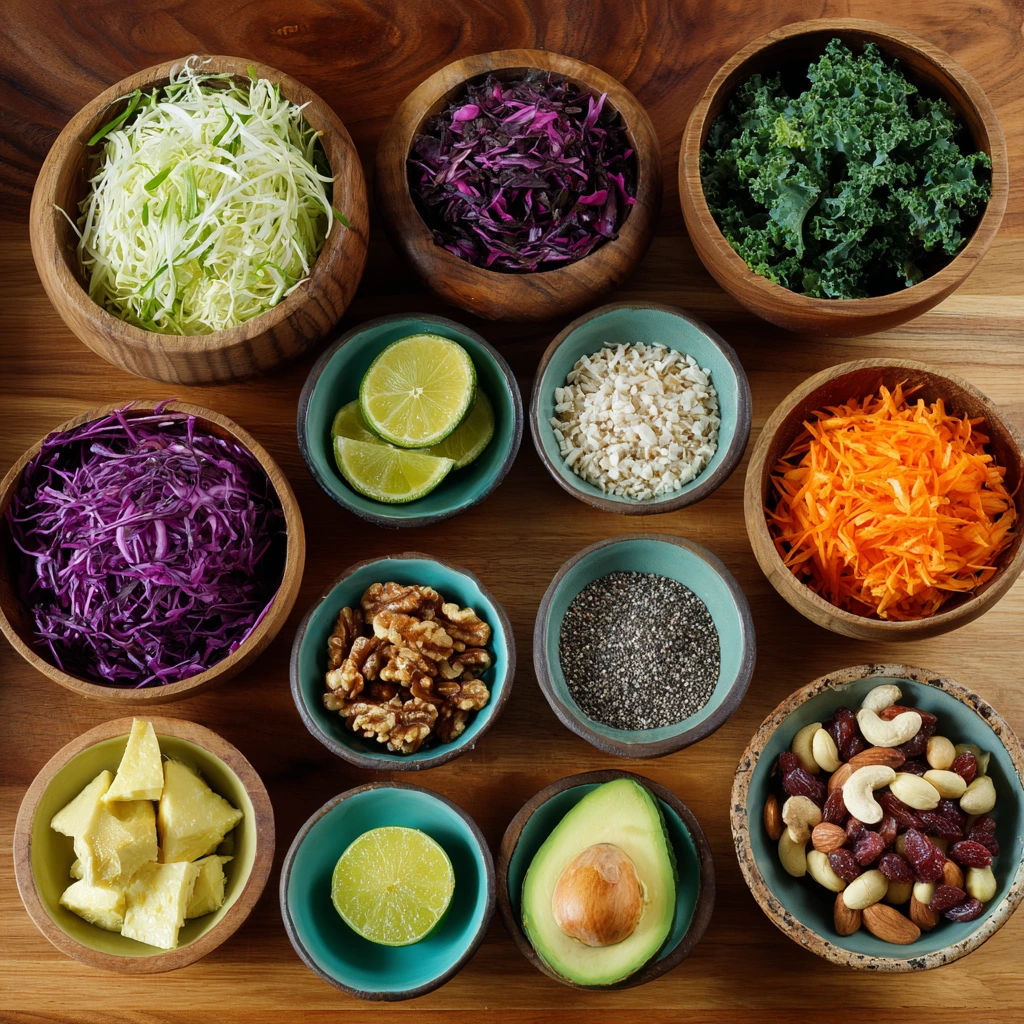Colorful plate of raw vegan ingredients including fresh vegetables, fruits, nuts, and seeds