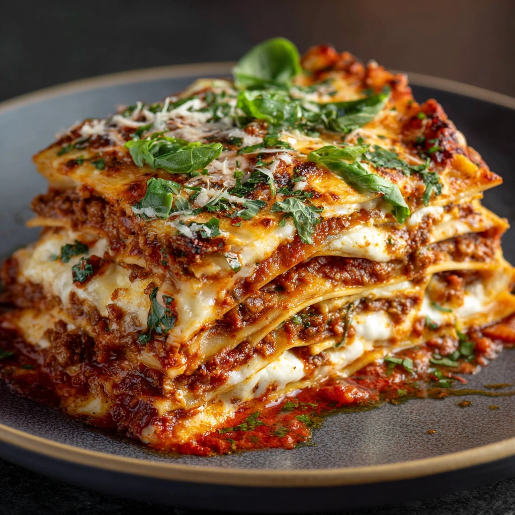 Freshly baked traditional San Giorgio lasagna made with no-boil pasta, layered with rich meat sauce and melted cheese.
