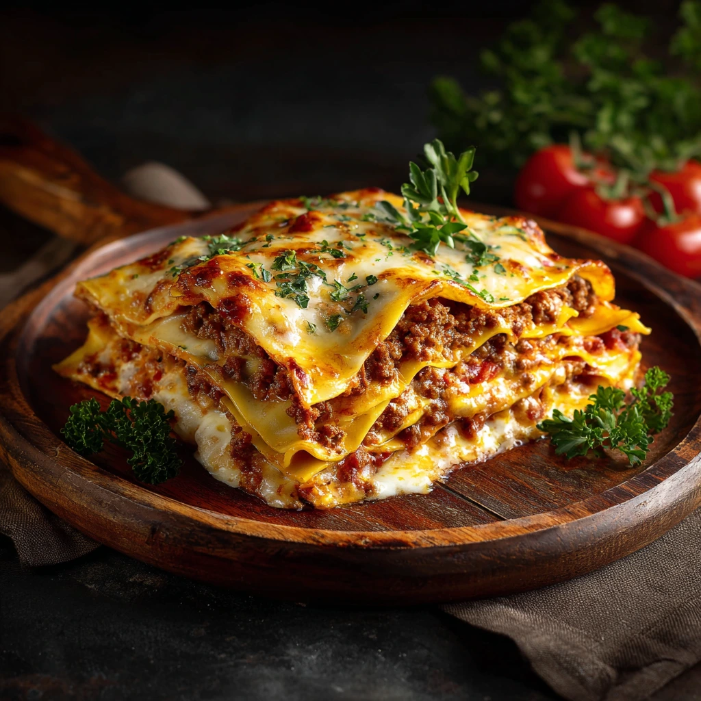 Freshly baked traditional San Giorgio lasagna made with no-boil pasta, layered with rich meat sauce and melted cheese.