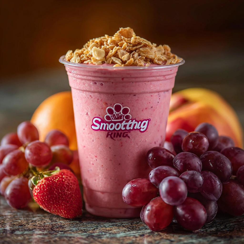 A refreshing Smoothie King Angel Food smoothie in a clear cup, topped with whipped cream and fresh strawberries.