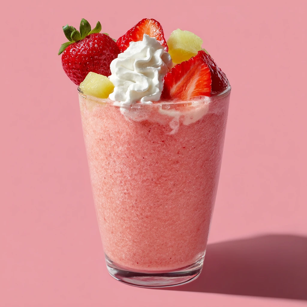 A refreshing Smoothie King Angel Food smoothie in a clear cup, topped with whipped cream and fresh strawberries.
