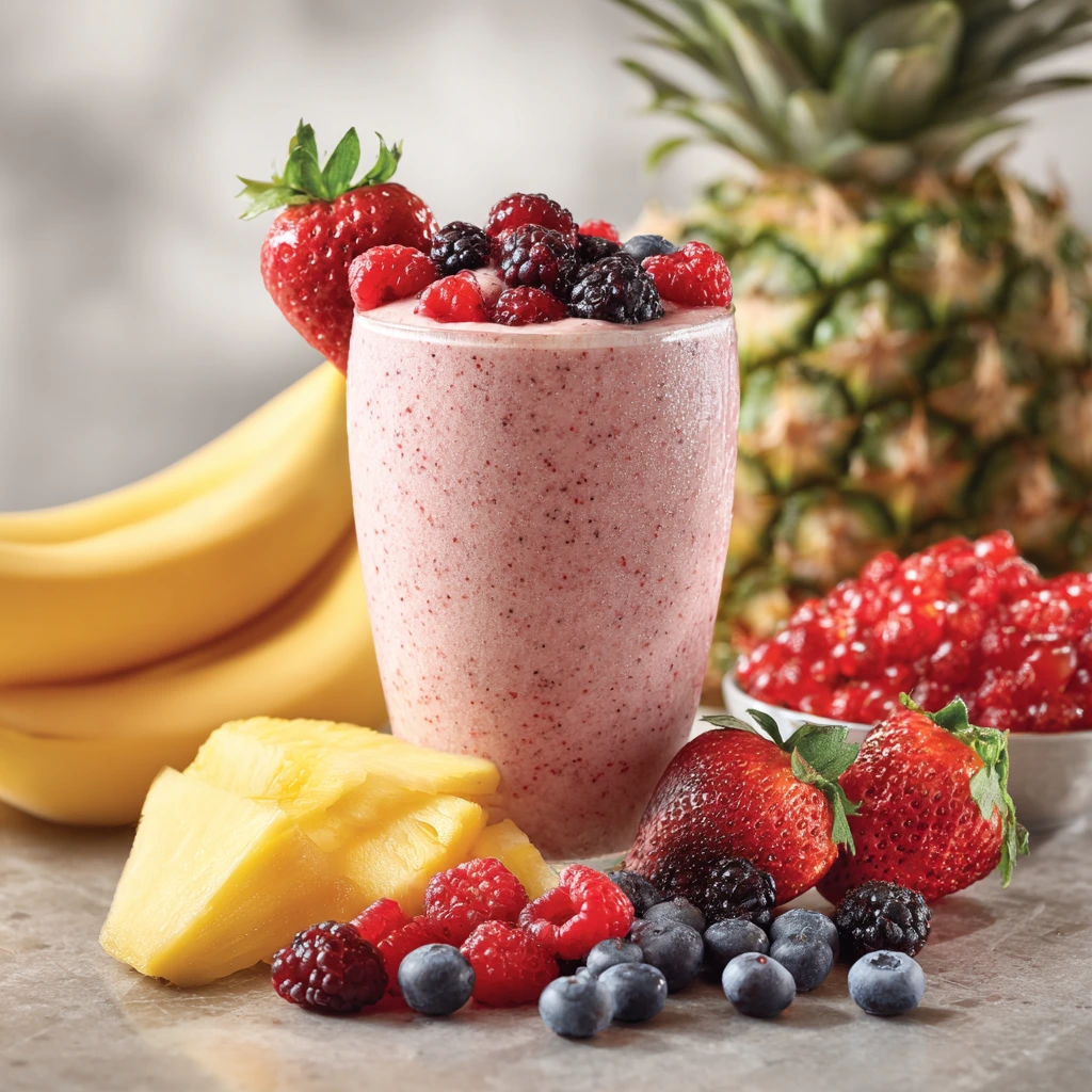 A refreshing Smoothie King Angel Food smoothie in a clear cup, topped with whipped cream and fresh strawberries.