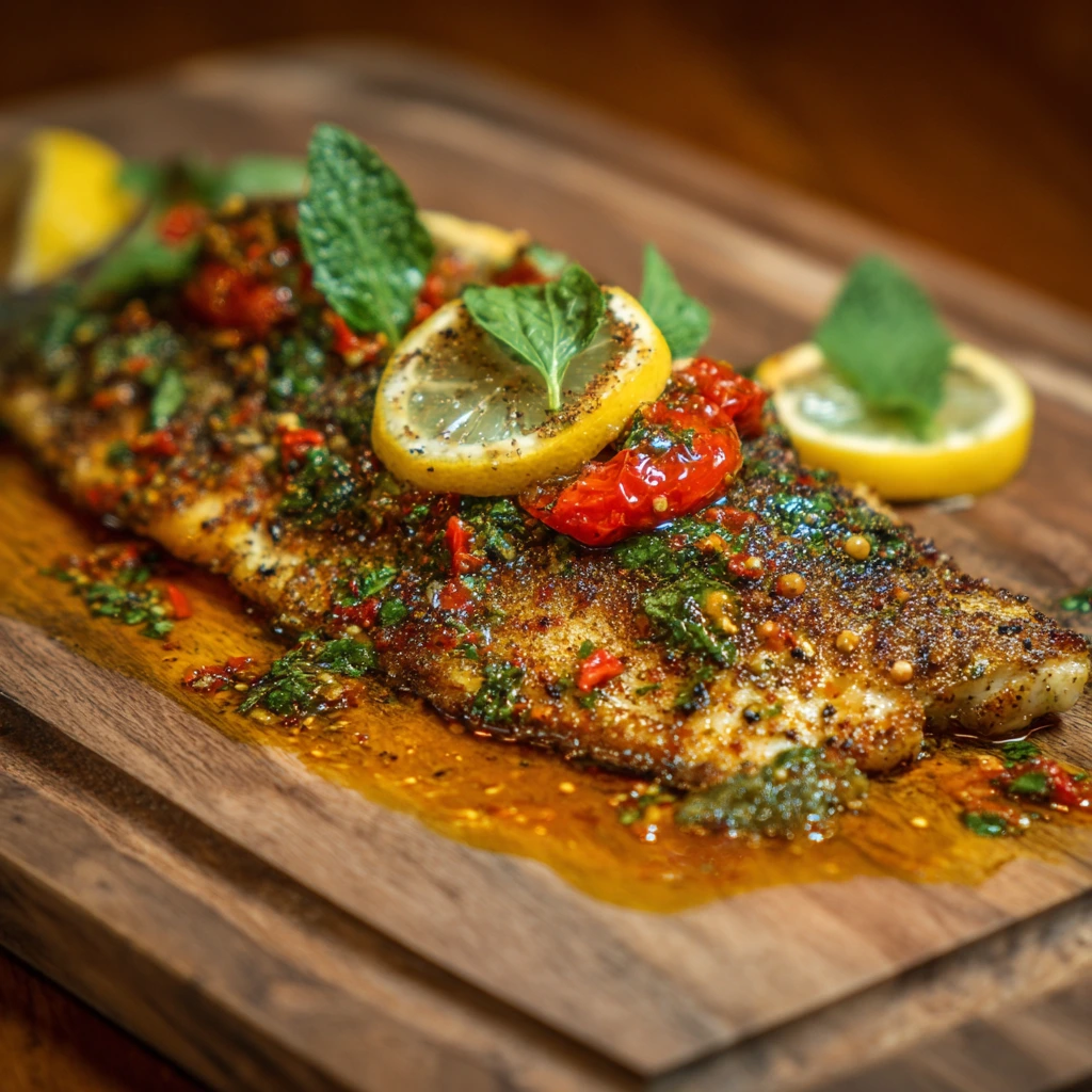 Grilled speckled trout fillet with fresh herbs and citrus zest