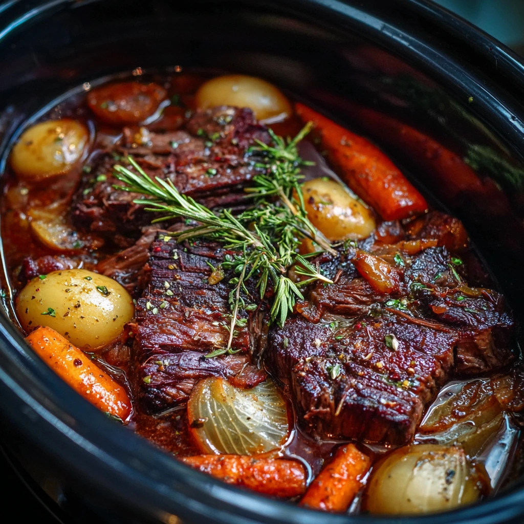 Tender venison stew cooked in a crock pot with carrots, potatoes, and herbs